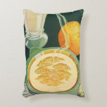 gezondheidszorg, dranken, gezonde ontbijten accent kussen<br><div class="desc">Vintage illustratie van het afbeelding voor de gezondheid van voedingsmiddelen en dranken met een gezond ontbijt van warme havermout,  melkglas en oranje vruchten.</div>