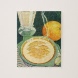 gezondheidszorg, dranken, gezonde ontbijten legpuzzel<br><div class="desc">Vintage illustratie van het afbeelding voor de gezondheid van voedingsmiddelen en dranken met een gezond ontbijt van warme havermout,  melkglas en oranje vruchten.</div>