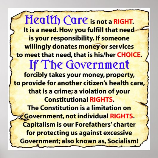 Gezondheidszorg is geen recht! poster (Voorkant)