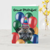 Gëzuar Ditëlindjen verjaardag pug wenskaart Kaart (Gele Bloem)