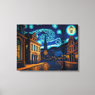 Ggloed City Street onder Sterrennacht Sky - Canvas Afdruk