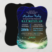 Ggloed Neon Stars Bar Mitzvah Invitation blue Kaart (Voorkant / Achterkant)