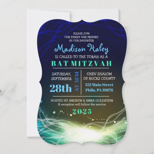 Ggloed Neon Stars Bar Mitzvah Invitation blue Kaart (Voorkant)