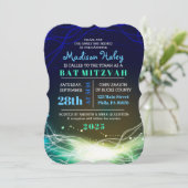 Ggloed Neon Stars Bar Mitzvah Invitation blue Kaart (Staand voorkant)