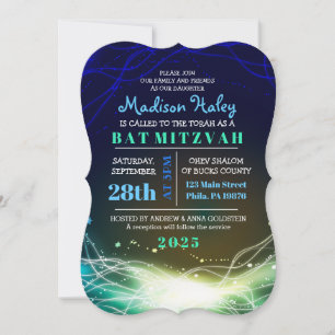 Ggloed Neon Stars Bar Mitzvah Invitation blue Kaart