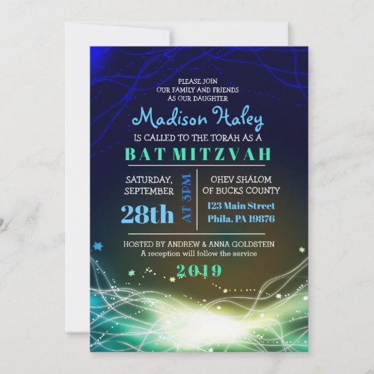 Ggloed Neon Stars Bar Mitzvah Invitation blue Kaart (Voorkant)
