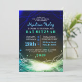 Ggloed Neon Stars Bar Mitzvah Invitation blue Kaart (Staand voorkant)