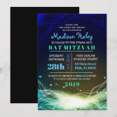 Ggloed Neon Stars Bar Mitzvah Invitation blue Kaart (Voorkant / Achterkant)