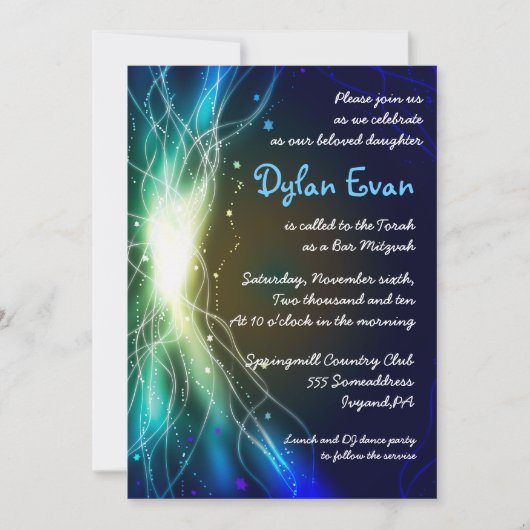 Ggloed Neon Stars Bar Mitzvah Invitation blue Kaart (Voorkant)