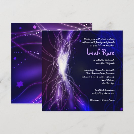 Ggloed Neon Stars Bat Mitzvah paars Kaart (Voorkant / Achterkant)