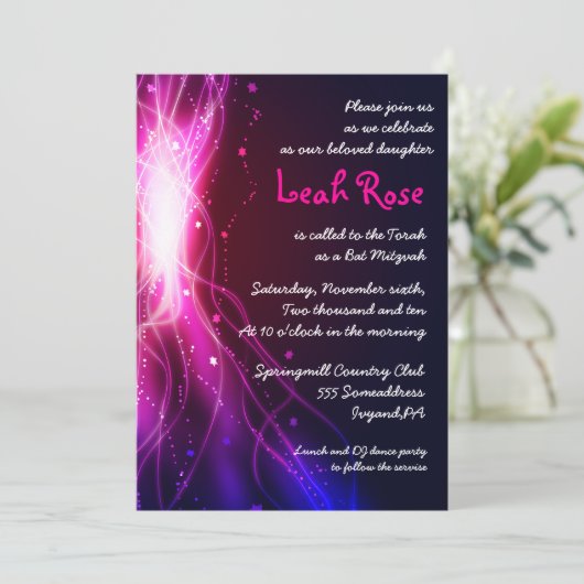 Ggloed Neon Stars Bat Mitzvah Uitnodiging (Staand voorkant)