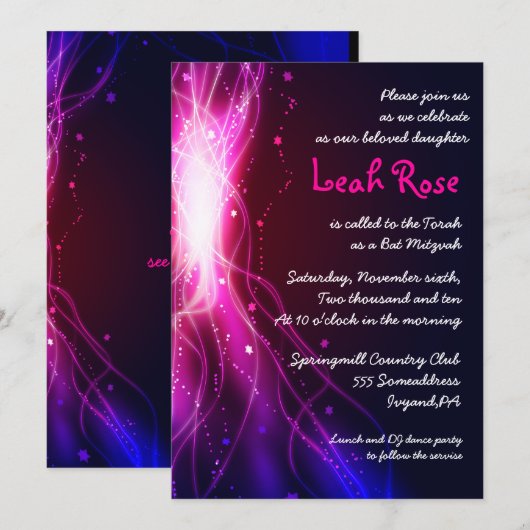 Ggloed Neon Stars Bat Mitzvah Uitnodiging (Voorkant / Achterkant)