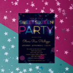 Ggloeiend Neon Sweet Sixteen Gold Folie Uitnodiging<br><div class="desc">Zoete zestien partijen in donker paars met gloeiende neonletters en folie van bokken en goud. Ideaal voor een gloed in de donkere thematijd.</div>