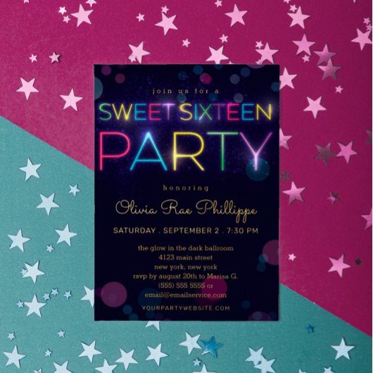 Ggloeiend Neon Sweet Sixteen Gold Folie Uitnodiging