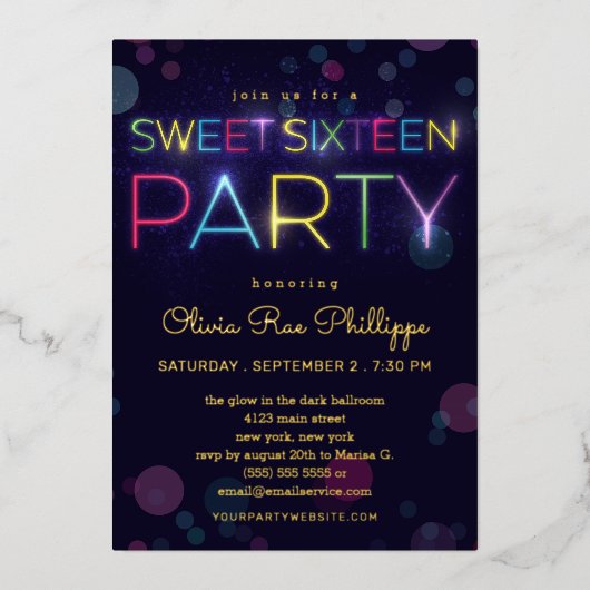 Ggloeiend Neon Sweet Sixteen Gold Folie Uitnodiging (Voorkant)