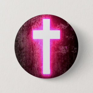 Ggloeiend roze kruis mooi ronde button 5,7 cm