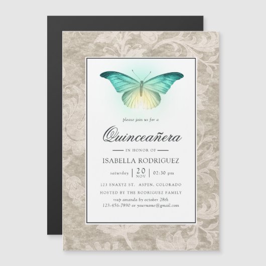 Ggloeiende Butterfly en Damask Quinceañera Magnetische Uitnodiging (Voorkant / Achterkant)