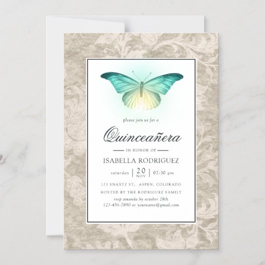 Ggloeiende Butterfly en Damask Quinceañera Magnetische Uitnodiging (Voorkant)
