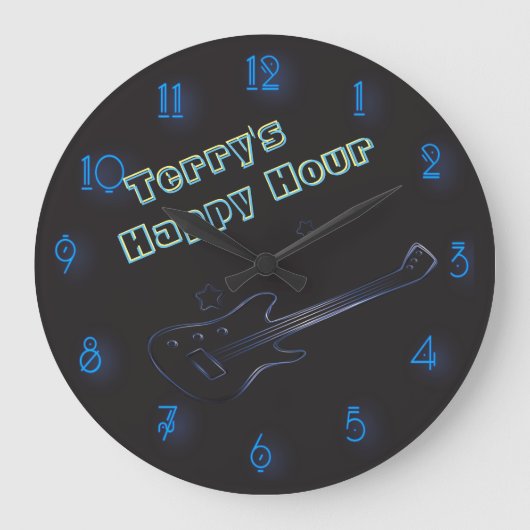 Ggloeiende gitaar Neon Sign Persoonlijk Happy Hour Grote Klok (Voorkant)