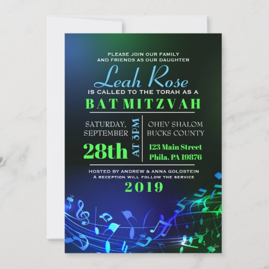 Ggloeiende Hebreeuwse letters & Notes Bat Mitzvah Kaart (Voorkant)