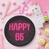 Ggloeiende roze neondij voor 65e verjaardag papieren bordje (Feest)