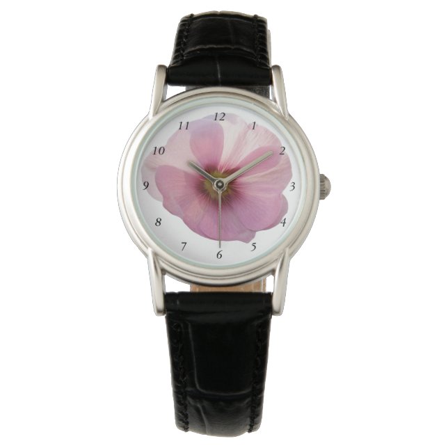 Ggloing Pink Hollyhock Flower Horloge (Voorkant)