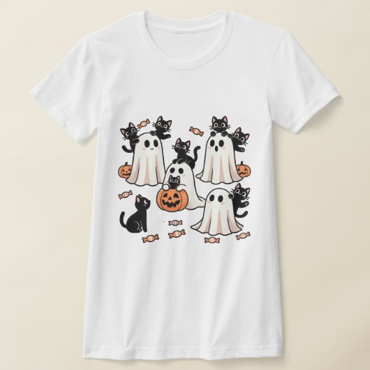 Ghost and Black Cat Companion - Spooky Schattige H T-shirt (Laagn)