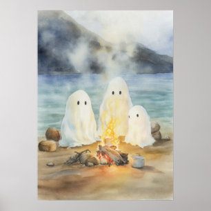 Ghost Art: Ghosts bij het kampvuur op het strand Poster