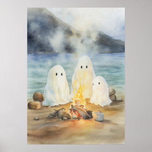 Ghost Art: Ghosts bij het kampvuur op het strand Poster (Voorkant)