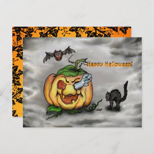 Ghost Bat en Cat, Happy Halloween! Briefkaart (Voorkant / Achterkant)