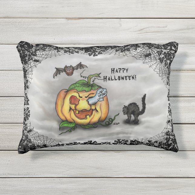 Ghost, Bat en Cat, Happy Halloween. Buitenkussen (Voorkant)