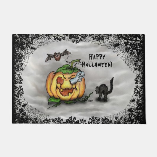 Ghost, Bat en Cat, Happy Halloween. Deurmat (Voorkant)
