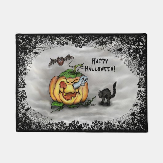 Ghost, Bat en Cat, Happy Halloween. Deurmat (Voorkant)
