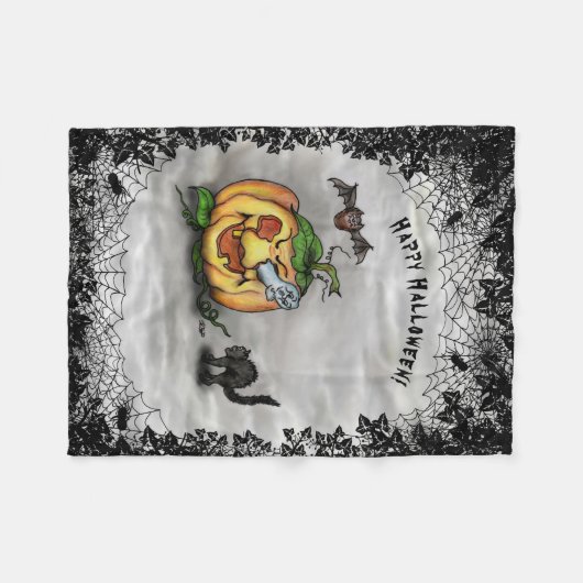 Ghost, Bat en Cat, Happy Halloween. Fleece Deken (Voorkant (Horizontaal))