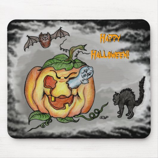 Ghost, Bat en Cat, Happy Halloween. Muismat (Voorkant)