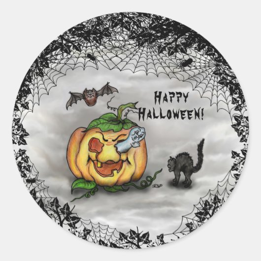 Ghost, Bat en Cat, Happy Halloween. Ronde Sticker (Voorkant)