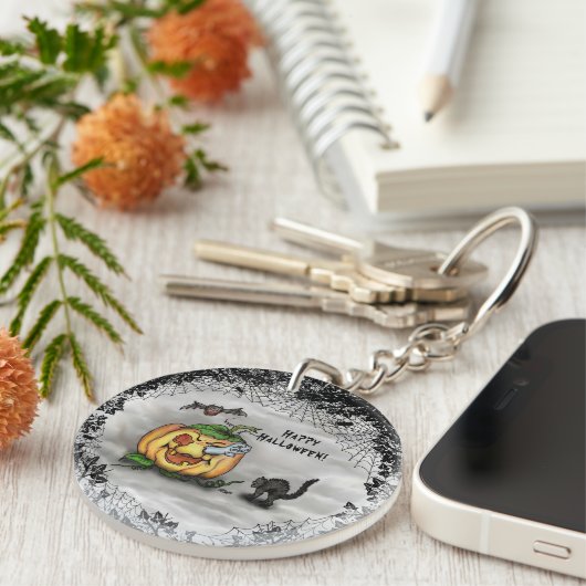 Ghost, Bat en Cat, Happy Halloween. Sleutelhanger (Voorkant Rechts)