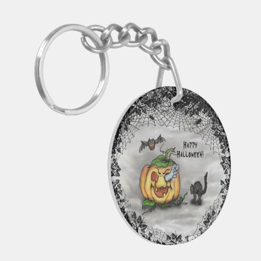 Ghost, Bat en Cat, Happy Halloween. Sleutelhanger (Voorkant Links)