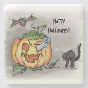 Ghost, Bat en Cat, Happy Halloween. Stenen Onderzetter