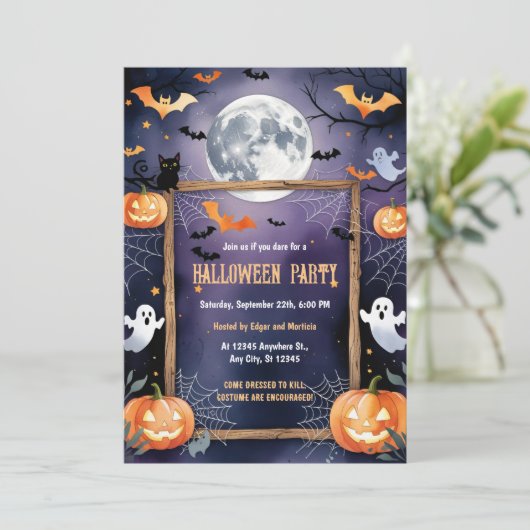 Ghost Bat Moon Pumpkin Halloween Kaart (Staand voorkant)