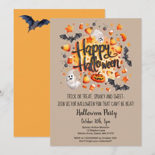 Ghost Bats Trick or treat Pumpkin Halloween Party Kaart (Voorkant / Achterkant)