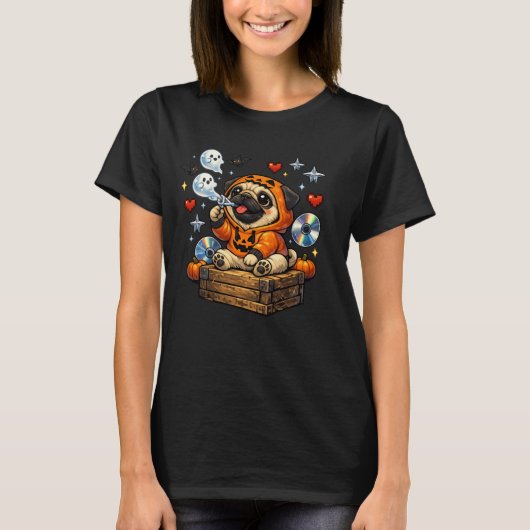 Ghost Bubble Pug – Schattig Halloween T-shirt (Voorkant)