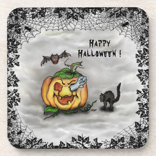 Ghost, Cat, Bat en Pumpkin, Happy Halloween! Bier Onderzetter (Voorkant)
