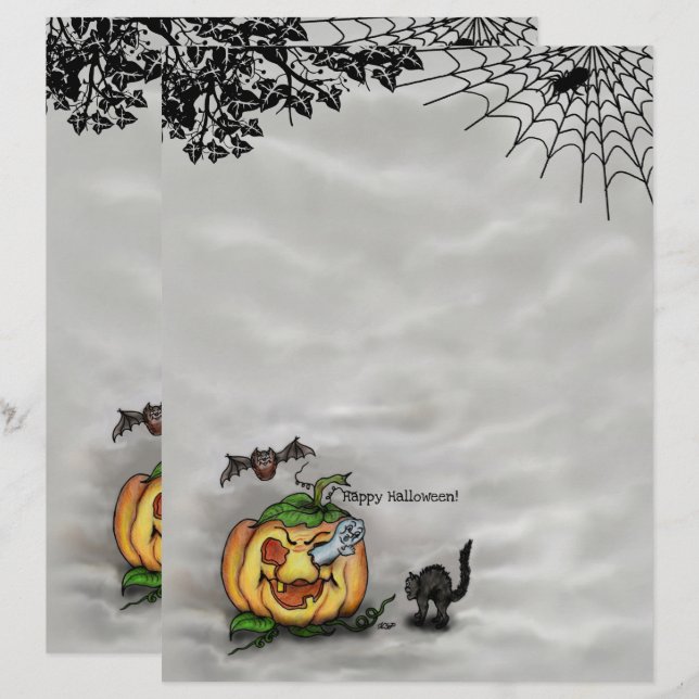 Ghost, Cat, Bat en Pumpkin, Happy Halloween! Briefhoofd (Voorkant / Achterkant)