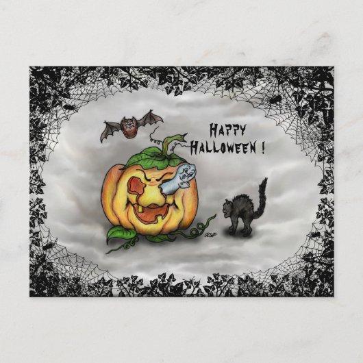 Ghost, Cat, Bat en Pumpkin, Happy Halloween! Briefkaart (Voorkant)