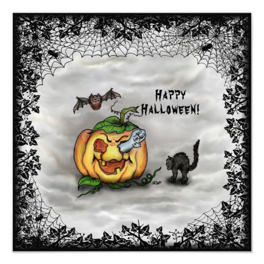 Ghost, Cat, Bat en Pumpkin, Happy Halloween! Foto Afdruk (Voorkant)