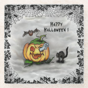 Ghost, Cat, Bat en Pumpkin, Happy Halloween! Glazen Onderzetter