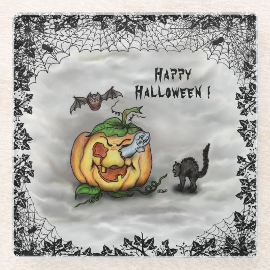 Ghost, Cat, Bat en Pumpkin, Happy Halloween! Glazen Onderzetter (Voorkant)