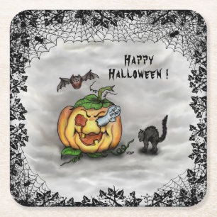 Ghost, Cat, Bat en Pumpkin, Happy Halloween! Kartonnen Onderzetters