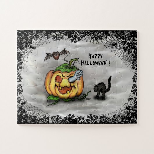 Ghost, Cat, Bat en Pumpkin, Happy Halloween! Legpuzzel (Horizontaal)